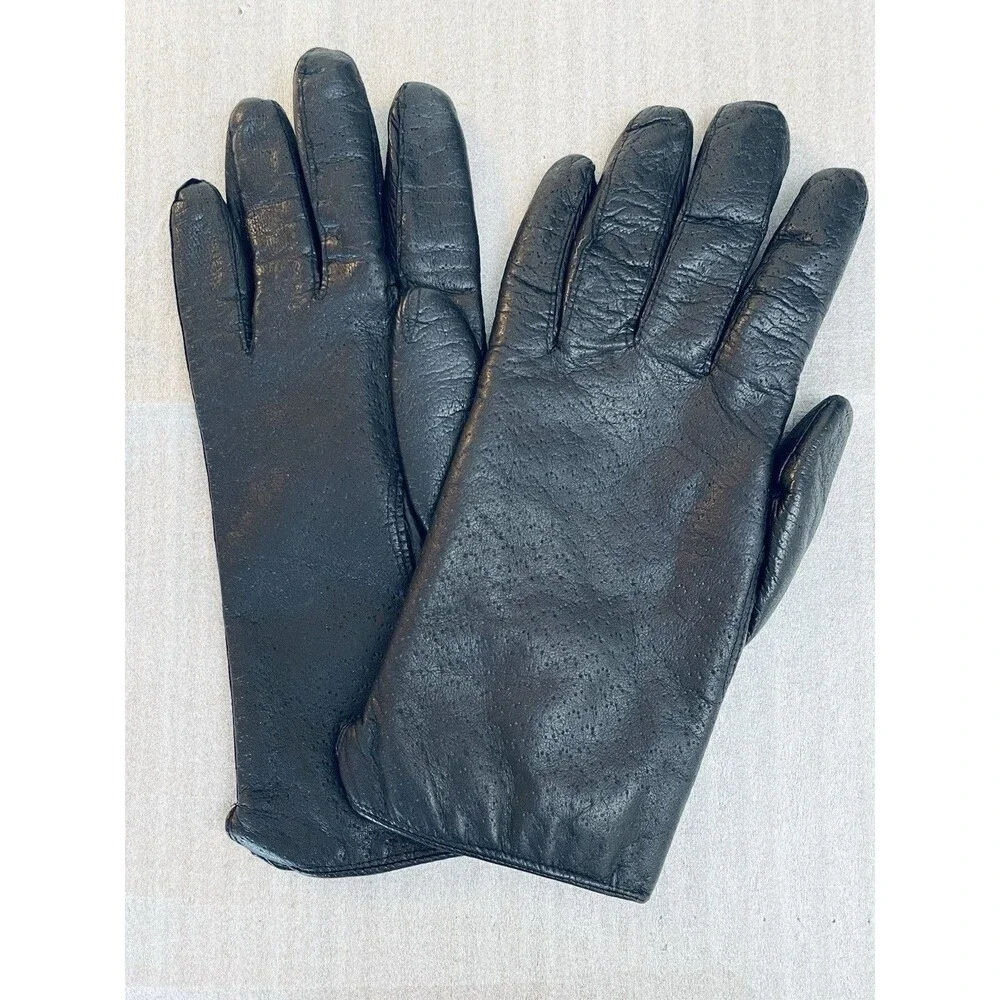 Vintage Italian Black Leather Gloves Rabbit Fur Lined Size 7.5 Made in Italy